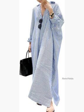 Long Sleeve Cotton Maxi Shirt Dress Loose Fit A-Line Striped Casual